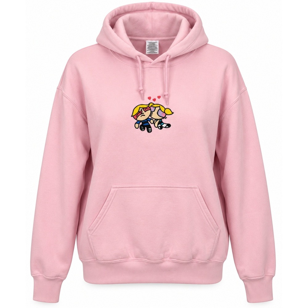 Gildan Powerpuff Girls Bubbles and Boomer Embroidered Pink Hoodie Sweatshirt L